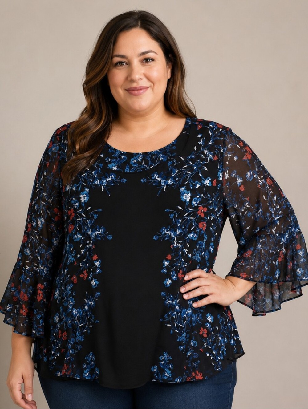 Alfani Black Floral Lace-Sleeve Blouse with Blue and Red Accents